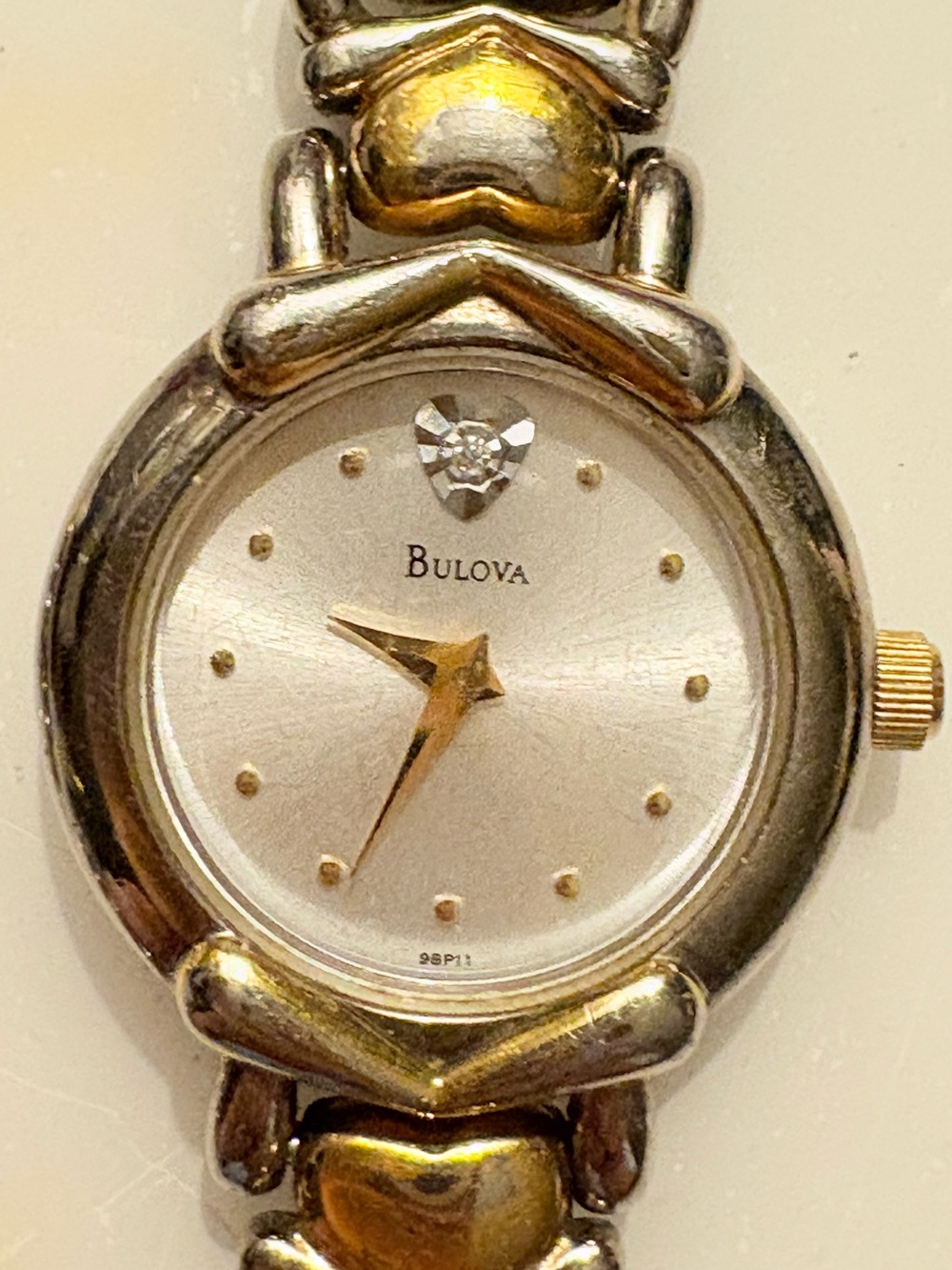 Vintage Bulova Diamond Two-Tone Gold and Silver Heart-Link Bracelet Watch 98P11